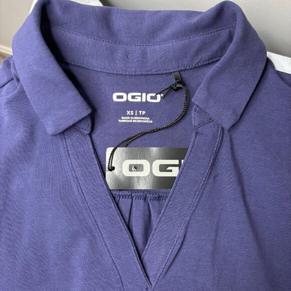 OGIO Sz XS NEW wTAGS VNeck Collared Short Sleeve Stretch Top Navy Round Hem - Picture 2 of 4